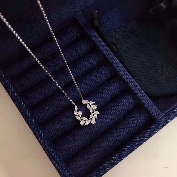 APM Monaco Silver Crystal Leaf Necklace